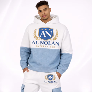 ชุดเสื้อฮู้ดและกางเกงจ็อกเกอร์บล็อกสีสำหรับผู้ชาย ชุดวอร์มโลโก้แบบกำหนดเอง ชุดสตรีทแวร์ ชุดกีฬาคาร์โก้ - Product Image 1