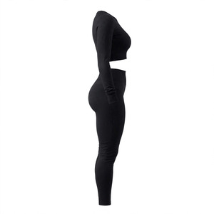 Ensemble de yoga 2 pièces personnalisé pour femme : haut court à manches longues et col rond, leggings taille haute pleine longueur, extensible et sans coutures - Product Image 3