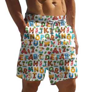 Pantalones cortos con estampado de alfabeto colorido para hombre, con estampado de palmeras y flores, secado rápido, cintura con cordón, ropa de baño informal - Product Image 5