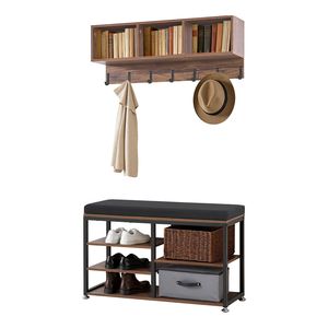 Appendiabiti da Parete 3-in-1 con Ganci e Panca Portascarpe in Acciaio con Scaffale per l'Organizzazione nell'Ingresso - Product Image 1