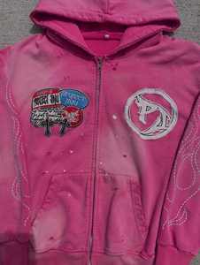 Sudadera con capucha para hombre Y2K, con cremallera, lavado ácido, desgastada, con bordado de llamas y parches. - Product Image 6