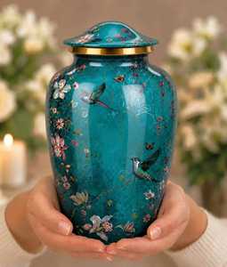 Custom Aluminum Cremation Urn Decorative <b>Ash</b> Vessel Floral Bird Pattern Adult Memorial <b>Keepsake</b> - Product Image 1