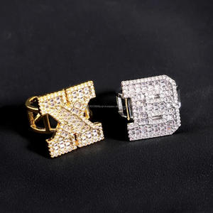 <b>Gold</b> Plated Letter <b>Cocktail</b> <b>Ring</b> With Baguette Crystal Pave Setting Hip Hop Style Unisex Jewelry - Product Image 1