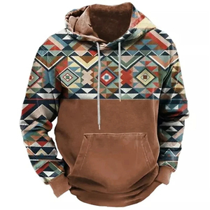 Sweat-shirt à capuche décontracté pour homme à motif géométrique, coupe classique, imprimé, style automne, marron, avec poches - Product Image 1