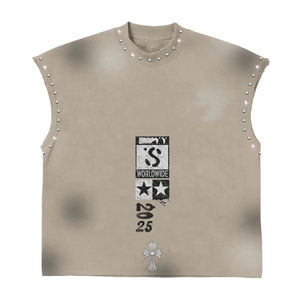 100% cotton T-shirt <b>for</b> <b>men</b> loose fit High Quality 240 GSM Cotton Sleeveless T Shirt Black Washed Graphic Print <b>Stud</b> Detail - Product Image 2