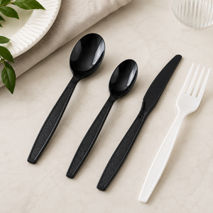 Ensemble de couverts en plastique noir, fourchette, cuillère, couteau, ustensiles jetables, écologiques, sans danger pour les aliments, style moderne, matériau PP, utilisation en voyage - Product Image 6