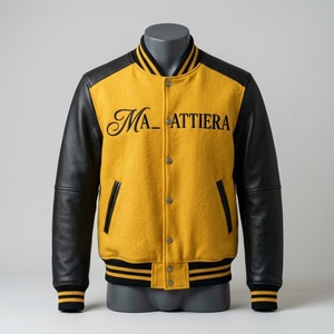 <b>Men</b> <b>Yellow</b> Black Letterman <b>Jacket</b> Leather Sleeves Wool Body Bomber <b>Jacket</b> Custom Embroidered Streetwear - Product Image 1