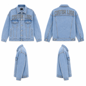 Custom Rhinestone Denim Jacket Personalized Logo <b>Light</b> Blue Jean Jacket Wholesale - Product Image 5
