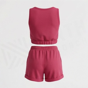 Women's 2 Piece Solid Color Sporty <b>Set</b> Sleeveless Crop Top and Above Knee Shorts Pink <b>Knitted</b> Breathable Casual Wear - Product Image 2