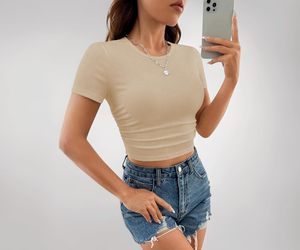 Crop Top Raffiné pour Femme 100% Coton Épaules Dénudées Col Rond Séchage Rapide Respirant Écologique Décontracté Été - Product Image 1