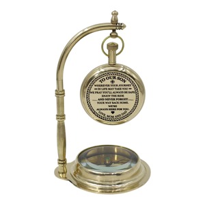 Traditional Brass Desk <b>Clock</b> With Compass Base Roman Numerals Quartz Movement Battery Operated Circular Design - Product Image 5