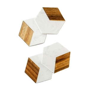 Ensemble de 4 sous-verres classiques en marbre et bois d'acacia, écologiques, en bois naturel et marbre, sous-verres en bois de manguier fabriqués en Inde - Product Image 1