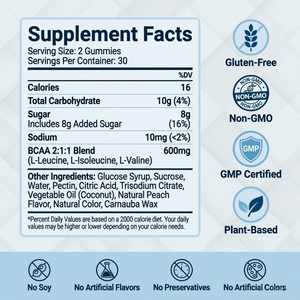BCAA 600 มก. รสพีช แบบกัมมี่ ผู้ผลิต OEM จัดจำหน่ายส่งเสริมอาหารเสริมแบบขายส่ง - Product Image 3
