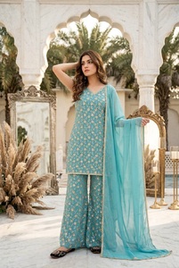 HENIXA CREATION Ensemble 3 pièces Premium pour femme en Georgette épaisse, coupe ajustée, séchage rapide, Kurta, Palazzo et broderie de sequins sur quatre côtés - Product Image 2