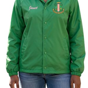 Green Women Snap Front <b>Coach</b> Jacket with Green Embroidered Crest Long Sleeve Casual Lightweight Outerwear Comfortable Daily Wear - Product Image 6