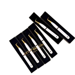 90 Degree <b>Boot</b> Precision Stainless Steel Anti-Static 10mm Smooth Tip white with Gold Tip Eyelash Tweezers Set Logo <b>Box</b> - Product Image 6