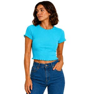 Turquoise Ribbed Crop <b>Top</b> <b>Women</b> Short Sleeve Lettuce Trim Crew Neck Cotton Spandex Slim Fit Casual Summer T Shirt Custom OEM - Product Image 1