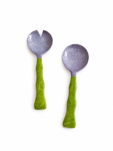 Juego de Servidores de Ensalada de Melamina, Diseño Marmoleado Morado, Cuchara y Tenedor con Mango Largo, Agarre Texturizado Verde, Utensilios de Cocina - Product Image 1