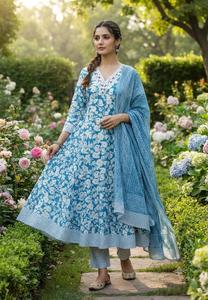 Ensemble Kurta Anarkali pour femmes, imprimé floral bleu, col en V, robe évasée avec dupatta, tenue traditionnelle ethnique pour les occasions festives - Product Image 6