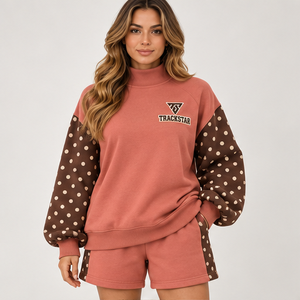 Women's Coral Polka Sleeve Mock Neck 2-Piece <b>Shorts</b> <b>Set</b> Custom Casual Sportswear - Product Image 1