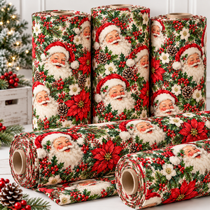 Tissu en microfibre imprimé écologique et biologique, motif Père Noël et baies de houx, pour couture et artisanat de Noël - Product Image 1