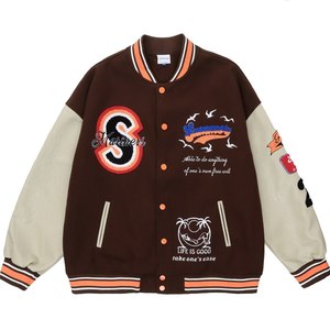 เสื้อแจ็คเก็ตวาร์ซิตี้สีกรมท่า แดง ขาว สำหรับผู้ชาย แขนหนัง PU สไตล์พรีปปี้ ซิปด้านหน้า ปกคอพับ ใส่ได้ในฤดูใบไม้ร่วง - Product Image 1