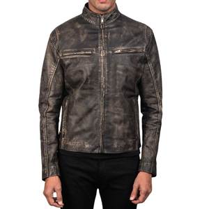 Blouson en cuir de vachette marron vieilli pour homme, coupe ajustée, col montant, imperméable, fermeture éclair, style moto, pour l'hiver - Product Image 1