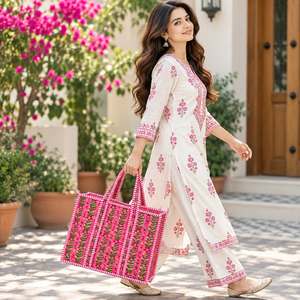 Floral Embroidered Canvas Tote <b>Bag</b> With Candy Stripe Trim Bohemian Style Open Top Shopping <b>Bag</b> All Seasons - Product Image 2