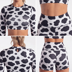 Conjunto Deportivo de 2 Piezas para Mujer, Top Corto Estampado de Manga Larga y Pantalones Cortos de Yoga, Spandex y Poliéster, Ropa de Gimnasio y Fitness - Product Image 6