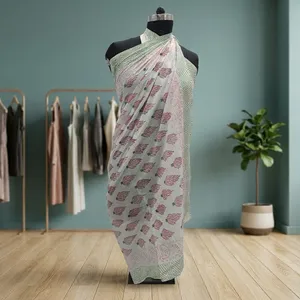 White Pink Floral Hand Block Printed Cotton <b>Sarong</b> Scarf with Mint Green Border Lightweight Beach Wrap Stole for Women - Product Image 1