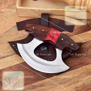 Luxury Handmade Ulu Chef <b>Knife</b> Stainless Steel Blade Custom Wooden <b>Handle</b> Curved Design Ambidextrous High-Polish Finish Leather - Product Image 4