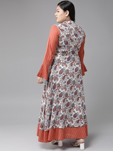 Kurta Anarkali en rayonne à motifs floraux multicolores, col mandarin, manches trois quarts, tenue fluide et douce pour femmes grandes tailles - Product Image 3