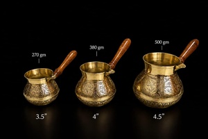 ชุดกาแฟทองเหลืองสไตล์ตะวันออกกลาง ชุดหม้อกาแฟตุรกี 3 ใบ รูปทรงกลม ดีไซน์ดั้งเดิม พร้อมด้ามจับไม้ - Product Image 2