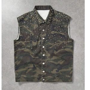 Gilet en jean clouté camouflage personnalisé pour homme, sans manches, style militaire streetwear, veste boutonnée, OEM ODM, vente en gros, usine - Product Image 1