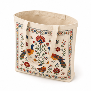 Custom Cotton <b>Canvas</b> <b>Beach</b> Tote Bag with Long Handle Floral Bird Pattern for Promotional Use - Product Image 3