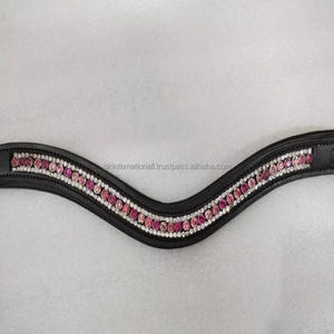 Banda de ceja de caballo de cuero genuino hecha a mano de excelente calidad personalizada con cadena de metal de cristales Rosas y blancos de 3 filas - Product Image 4
