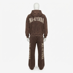 Ensemble survêtement homme personnalisé avec sweat à capuche zippé marron délavé et pantalon de survêtement large – Vente en gros OEM ODM - Product Image 4