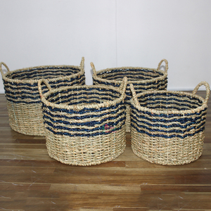 Cestas de jacinto de agua a rayas náuticas tejidas a mano con asas para organización del hogar y uso decorativo - Product Image 6