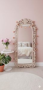 Miroir sur pied décoratif vintage en bois sculpté, pleine longueur, style antique classique bohème, design ferme, pour chambre à coucher - Product Image 4