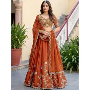 Plus Size Embroidered Silk Lehenga Choli for <b>Bride</b> with Bow and Feathers Pattern - Product Image 1