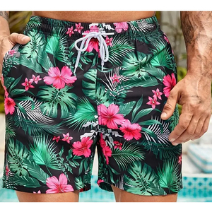 Shorts de bain pour hommes à imprimé feuilles tropicales, séchage rapide, taille élastique avec cordon de serrage, shorts de plage d'été, logo personnalisé OEM - Product Image 6