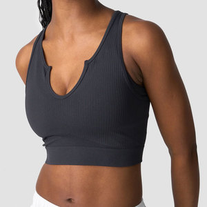 Débardeur court côtelé pour femme, col en V profond, sans coutures, anti-boulochage, idéal pour l'entraînement sportif estival - Product Image 1