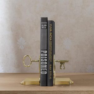 Lock & Key <b>Bookend</b> Antique Gold Metal Book Holder Stand for Home Office Table Shelf Bedroom Living Room Decor - Product Image 2