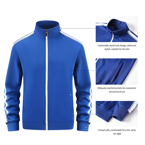 Ensemble de survêtement bleu pour homme, fermeture éclair intégrale, col montant, style sportif, deux pièces, avec bandes blanches, poches latérales, coupe classique - Product Image 5