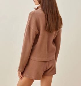 Summer Waffle Knit 2 Piece Women <b>Short</b> Set Clothing Custom Half <b>Zip</b> Women's Sets - Product Image 3