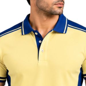 Polo Premium Amarillo y Azul Marino para Hombre con Franja de Contraste en el Hombro y Detalle Lateral Bordado con Logotipo Personalizado para Golf - Product Image 5