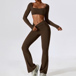 Yoga <b>Set</b> 2 Piece Crop Top High Waist Leggings Solid Color Seamless Breathable Spandex Polyester Full Length <b>Square</b> Neck - Product Image 6