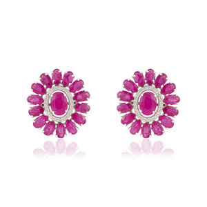 Los Productos Más Vendidos y Más Hermosos, Pendientes de Flor con Halo de Rubíes y Diamantes 100% Genuinos, Joyería de Oro Blanco Puro de 14K - Product Image 1