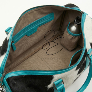 Western Cowhide Leather Duffel Bag Turquoise Large Weekender Bag with Crossbody <b>Strap</b> Hair On Leather Travel Bag for Men & Women - Product Image 6