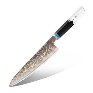 Cuchillo de Cocina Exclusivo con Patrón Damasco, Hoja de Punta Caída, Acabado Artístico, Mango de Madera Duradero, Garantía de 3 Años - Product Image 1